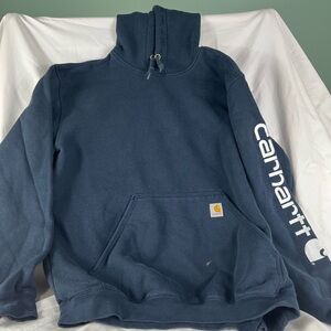 Carhartt Men’s Navy Blue Logo Sleeve Hoodie Heavyweight Pullover Sweatshirt Lrg